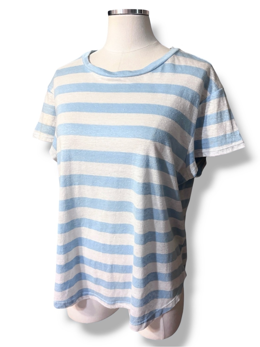 FRAME Blue & White Striped Linen T-Shirt Size Large